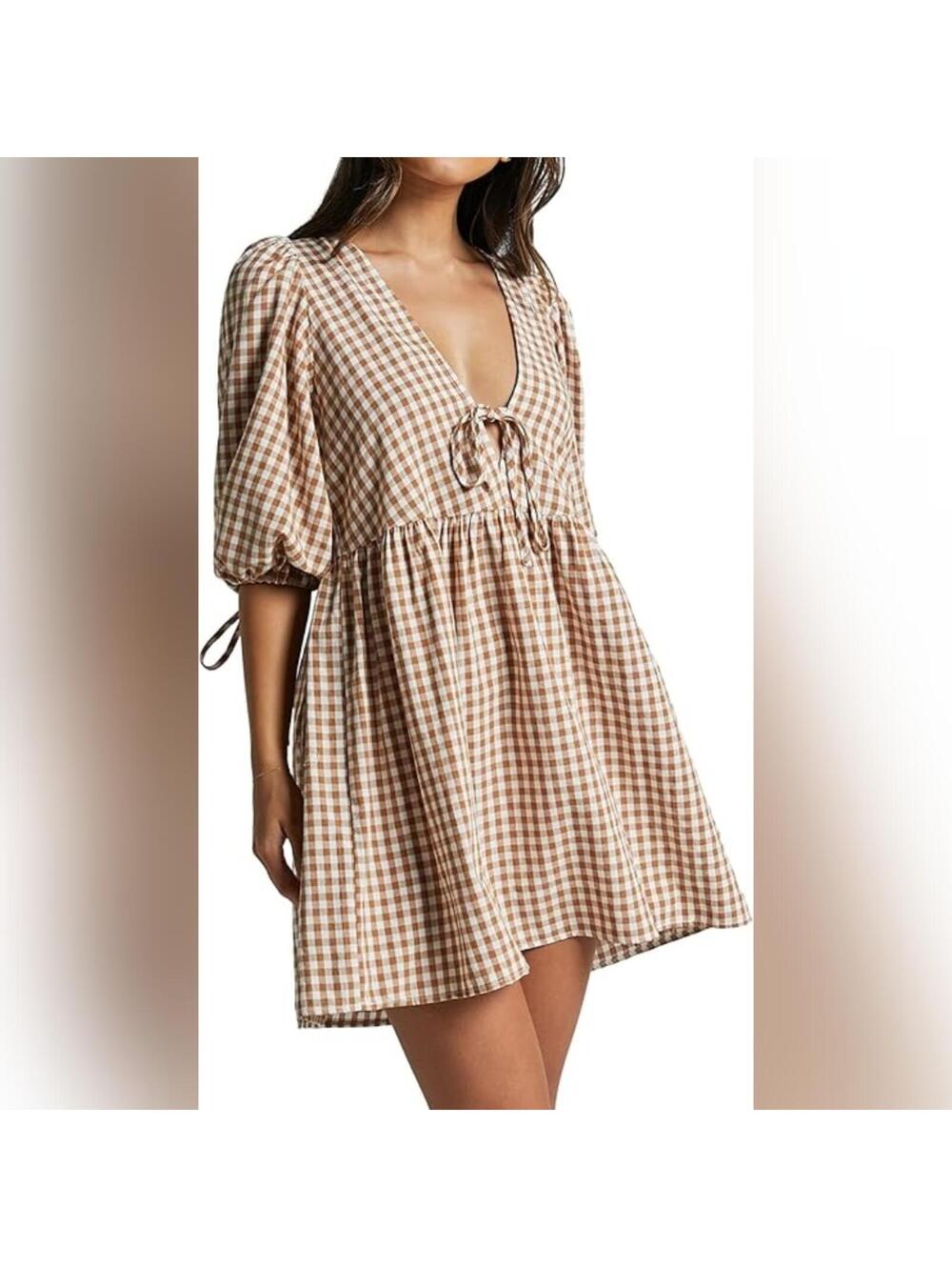 NWOT PINUPART Gingham Puff Sleeve Tie Babydoll Mini Dress, XS